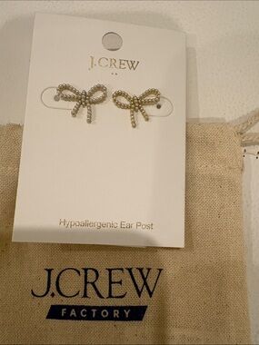 NWT J. Crew Gold Bow Stud Earrings with Beaded Detail with Pouch